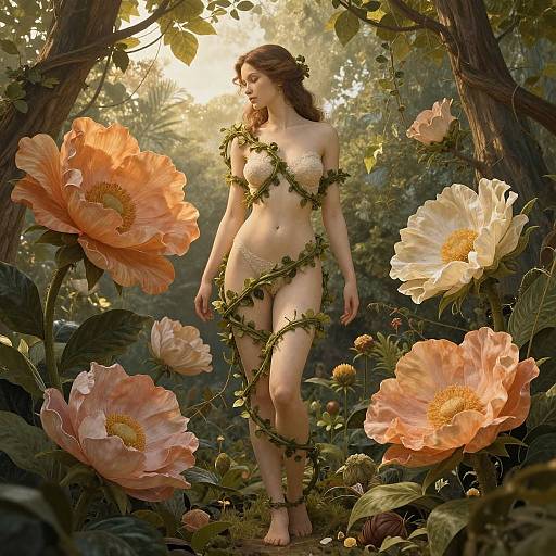 Digital artwork of a nude, fair-skinned woman with brown hair, surrounded by large, pink flowers and vines in a sunlit forest.