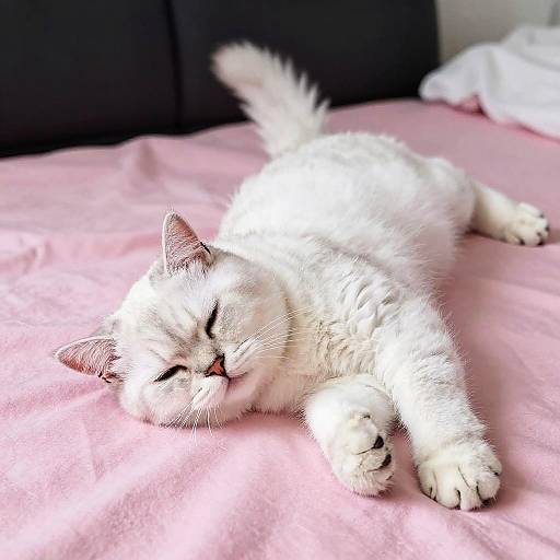 Fluffy White Cat on Pink Bedspread