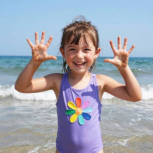 Happy Girl with Sandy Hands at the Beach