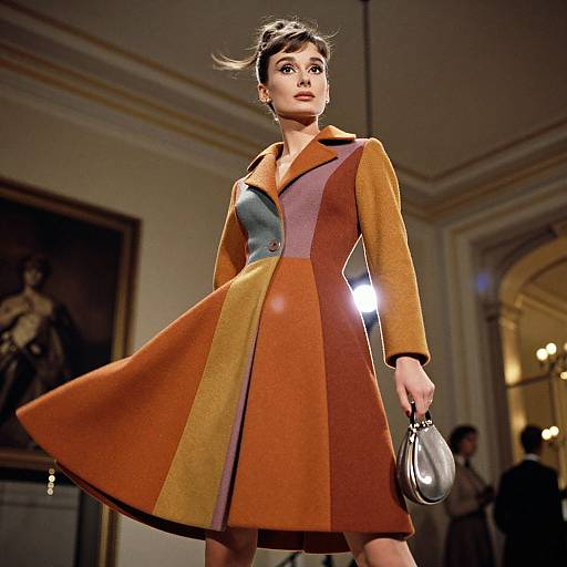 Photograph of a confident woman with dark hair in an updo, wearing a colorful, geometric-patterned orange and brown coat, holding a silver hand