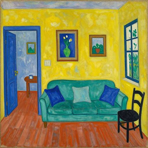 Vibrant oil painting of a yellow-walled living room with green sofa, blue pillows, black chair, wooden floor, blue door, and two