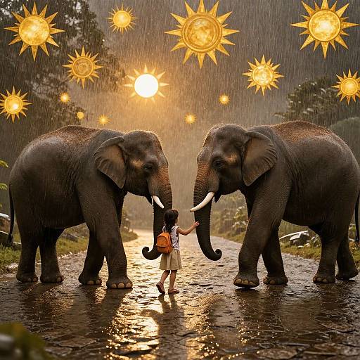 Photograph of a young girl with an orange backpack holding hands with two large elephants under glowing suns in a rainstorm on a wet, reflective path