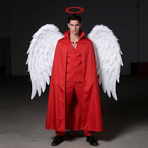Photograph of a man in a red robe with white angel wings and a red halo, standing against a dark background.