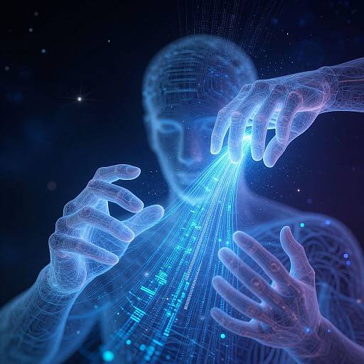 Digital CGI image of a translucent blue-hued human figure with glowing, neon-blue fingers emitting light beams against a dark starry background.