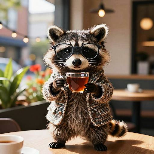 Photorealistic CGI of an anthropomorphic raccoon in a tweed jacket, wearing round glasses, holding a teacup, standing in a sunny