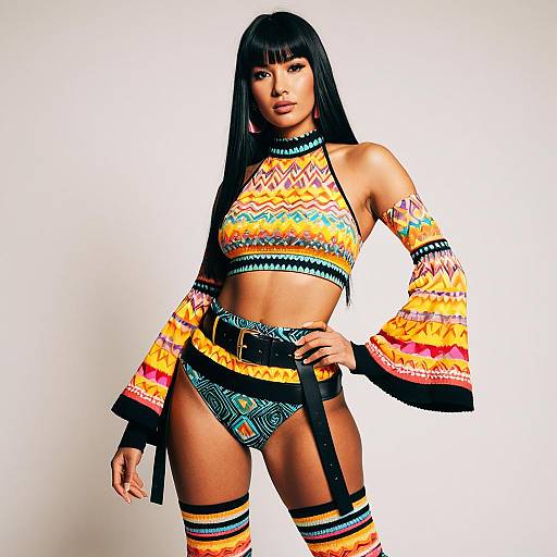 Woman in Psychedelic Print Rave Outfit