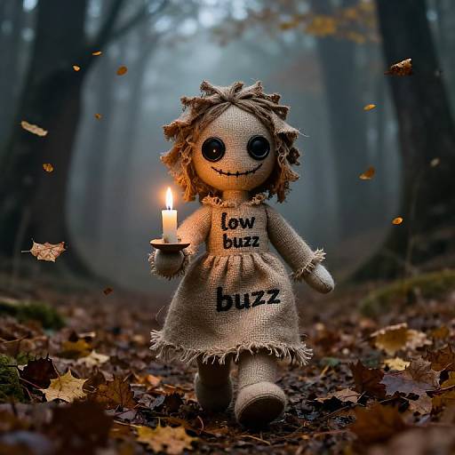 Photograph of a burlap doll with black stitched eyes and smile, holding a lit candle, labeled 