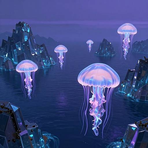 Digital artwork of glowing blue-purple jellyfish floating among futuristic, illuminated crystal structures in a dark, mysterious ocean at night.