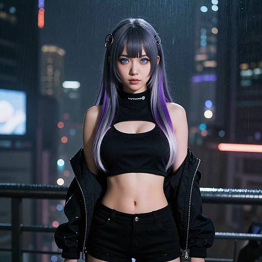 Digital CGI of an anime-style woman with long black and purple hair, blue eyes, wearing a black crop top and jacket, standing in a rainy city