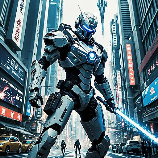 Futuristic Cybernetic Soldier in Neon City