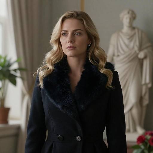 Blonde Woman in Black Fur Coat Indoors