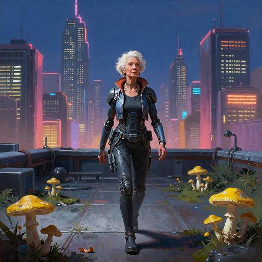 Elderly Woman in Cyberpunk Rooftop Garden
