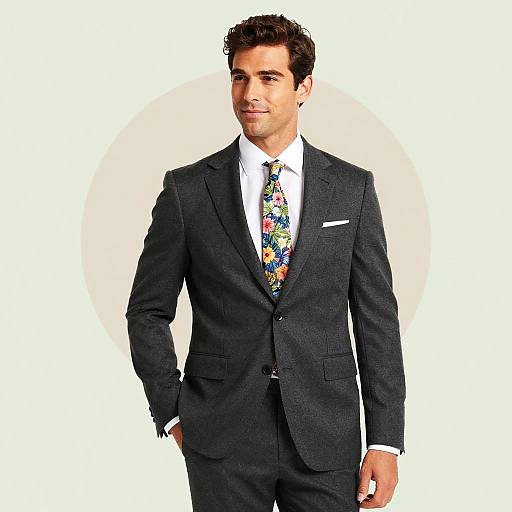 Photograph of a handsome man with dark curly hair, wearing a dark gray suit, white shirt, and colorful floral tie, standing against a plain white