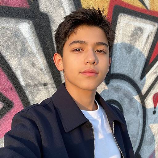 Young man with short black hair, light brown skin, wearing a black jacket and white shirt, stands in front of colorful graffiti. Photograph.