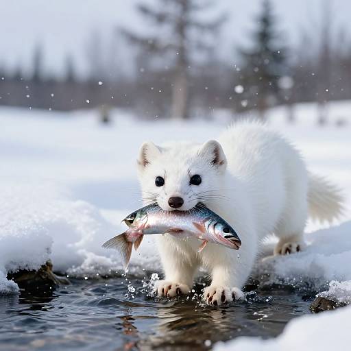 Photograph of a fluffy white dog with black eyes, holding a silver fish in its mouth, standing in a snowy, icy stream, with blurred winter