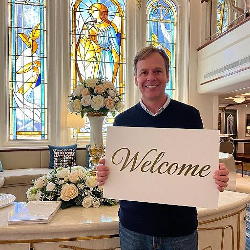 Photograph of smiling middle-aged man with short brown hair, wearing navy sweater and jeans, holding 