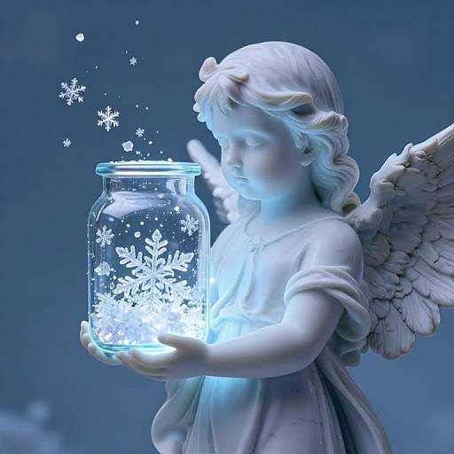 Ethereal Angel Statue with Luminous Snowflakes