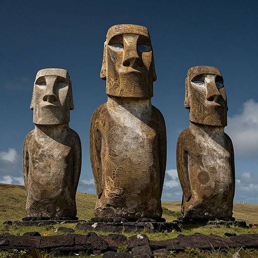 Photograph of three large, ancient Moai statues with carved faces, standing on a grassy hill under a bright blue sky.