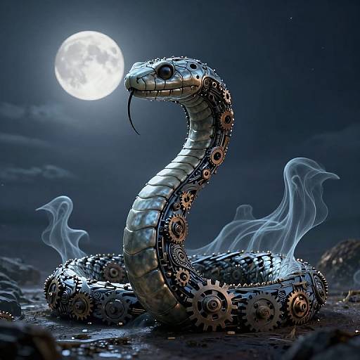 Digital artwork of a mechanical snake with gears and cogs, coiled under a full moon, emitting wispy smoke in a dark, rocky landscape.