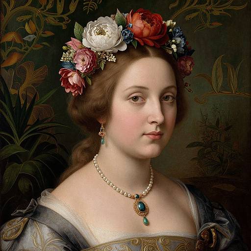 Digital painting of a fair-skinned woman with brown hair, wearing a floral headpiece, blue dress, green earrings, and pearl necklace with blue gem