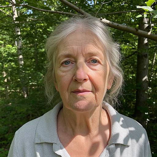 Photograph of an elderly woman with gray hair, light blue eyes, and fair skin, wearing a gray collared shirt, standing in a sunlit