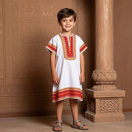 Photograph of a smiling young boy with short black hair, wearing a white traditional outfit with red and gold embroidery, standing against an ornately carved,