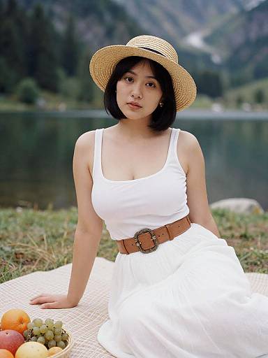 Pear-Shaped Woman Picnic by Mountain Lake