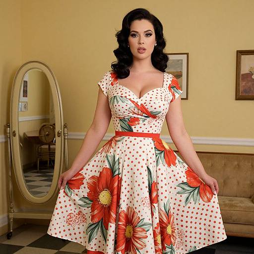 Photograph of a curvy woman with dark curly hair wearing a vintage-style, polka-dot dress with large red flowers, standing in a yellow-w