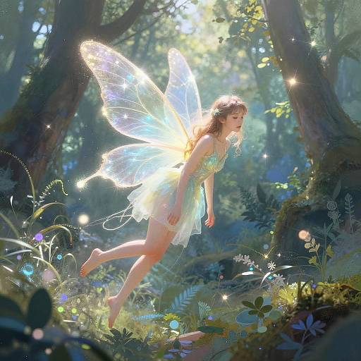 Fantasy digital artwork of a glowing fairy with translucent wings, wearing a green dress, flying through a sunlit, enchanted forest.