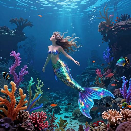 Digital artwork of a shimmering mermaid with a blue and green tail, floating gracefully among colorful coral reefs and small fish in a vibrant underwater scene.