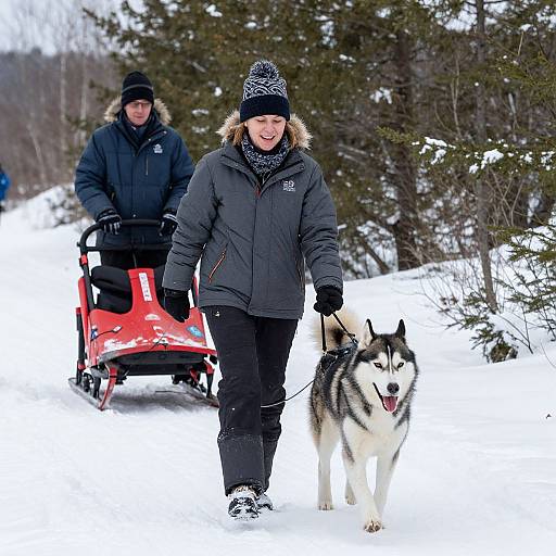 Winter Walk with Husky Dog