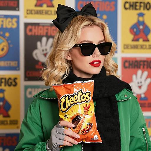 Stylish Woman with Cheetos and Posters