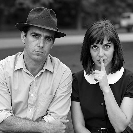 Black and white portrait of serious man and woman with finger to lips