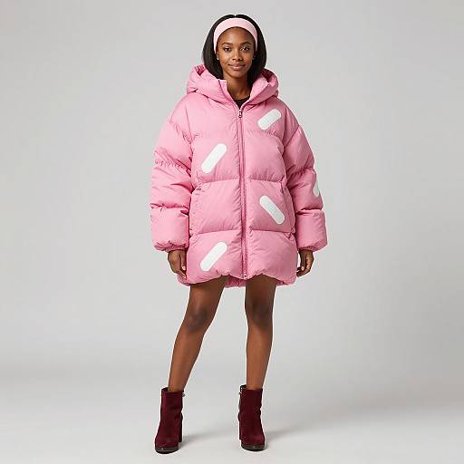 Young Woman in Pink Puffy Coat with Band-Aid Pattern