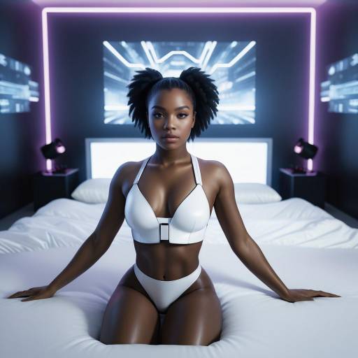 Cyberpunk African American Woman on White Bed