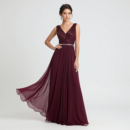 Photograph of a slender woman with fair skin and dark hair in a bun, wearing a sleeveless, deep burgundy, sequined V-neck gown