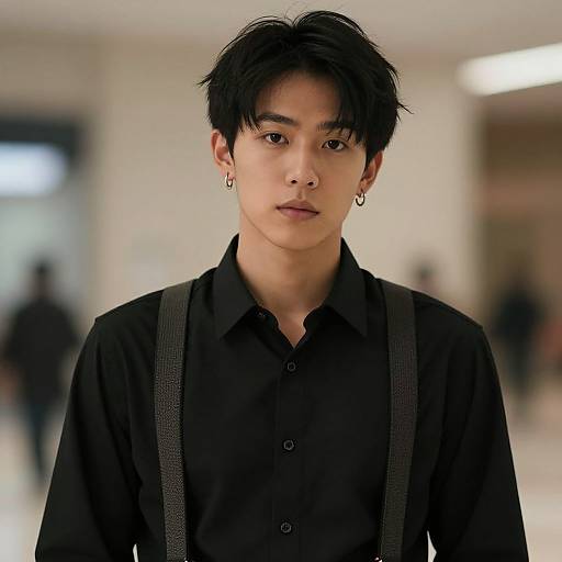 Photograph of an Asian man with short black hair, wearing a black button-up shirt, suspenders, and earrings, standing in a blurred indoor setting