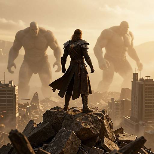 Photograph-like CGI: Silhouetted warrior with long hair stands on rubble, facing two massive, shadowy monsters in a sunlit, ruined