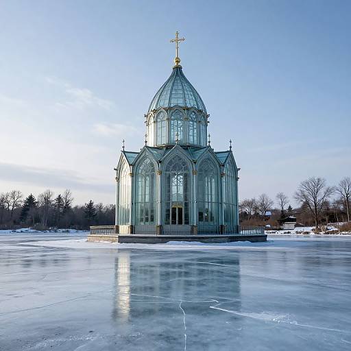 Photograph of a glass-domed church with a gold cross atop, standing solitary on a frozen, reflective lake under a clear blue sky.