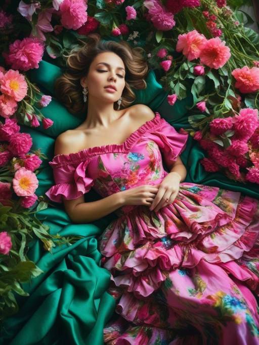 Enchanting Woman Surrounded by Vibrant Blooms