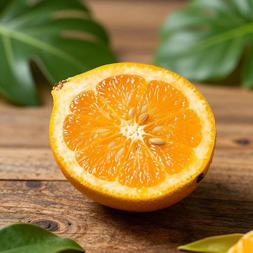 Photograph of a vibrant orange slice with juicy, segmented interior, resting on a rustic wooden surface, surrounded by green leaves.