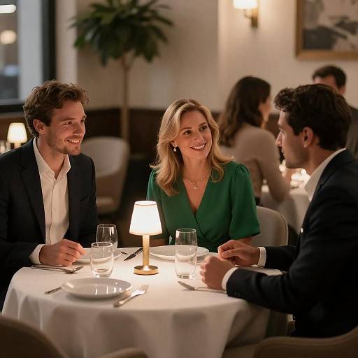 Smiling Friends Dining at Restaurant Table