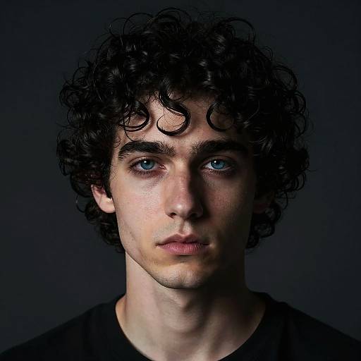 Photograph of a young man with curly black hair, blue eyes, fair skin, and black shirt against a dark background.