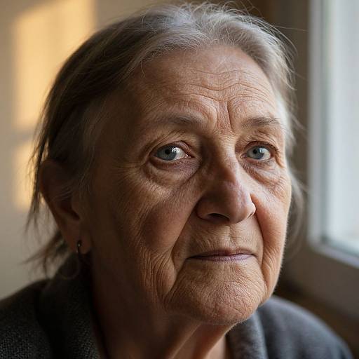 Close-up photograph of an elderly woman with wrinkled skin, gray hair, blue eyes, and a gentle expression, lit by natural light.