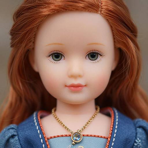 Photograph of a doll with red hair, blue eyes, and fair skin, wearing a blue dress with red trim and a gold necklace.