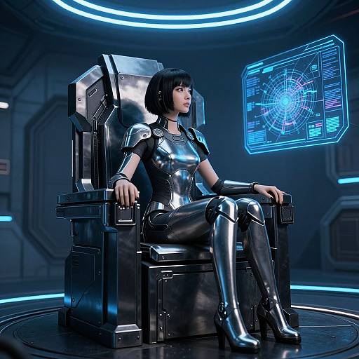 CGI image of a black-haired woman in shiny black latex suit and boots, seated on a futuristic metallic throne, facing a glowing holographic interface in