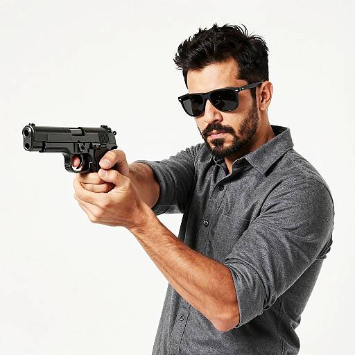 Serious Man with Gun and Sunglasses