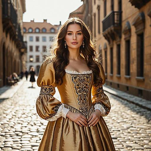 Woman in Golden Renaissance Dress on Cobblestone Street