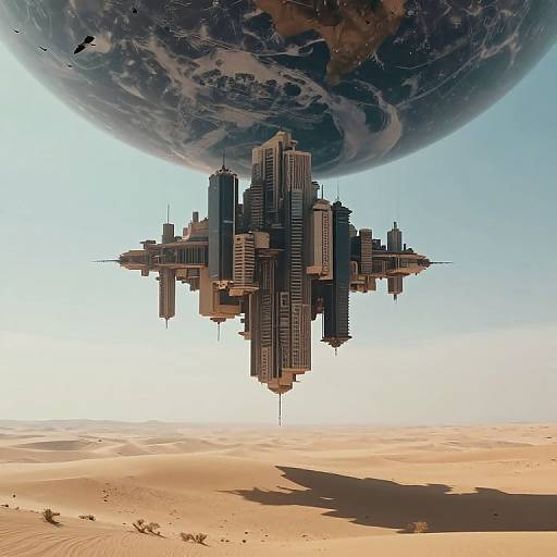 CGI image of a futuristic floating city with tall skyscrapers, hovering above a desert with a large planet in the background.