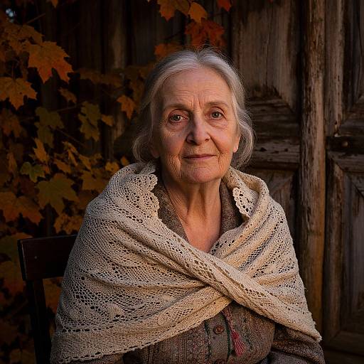 Photograph of an elderly woman with white hair, wearing a crocheted beige shawl, against a rustic wooden door and autumn leaves background. Warm